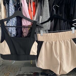 Women’s Two-Tone Black and Beige Lounge Crop Top & Shorts Set